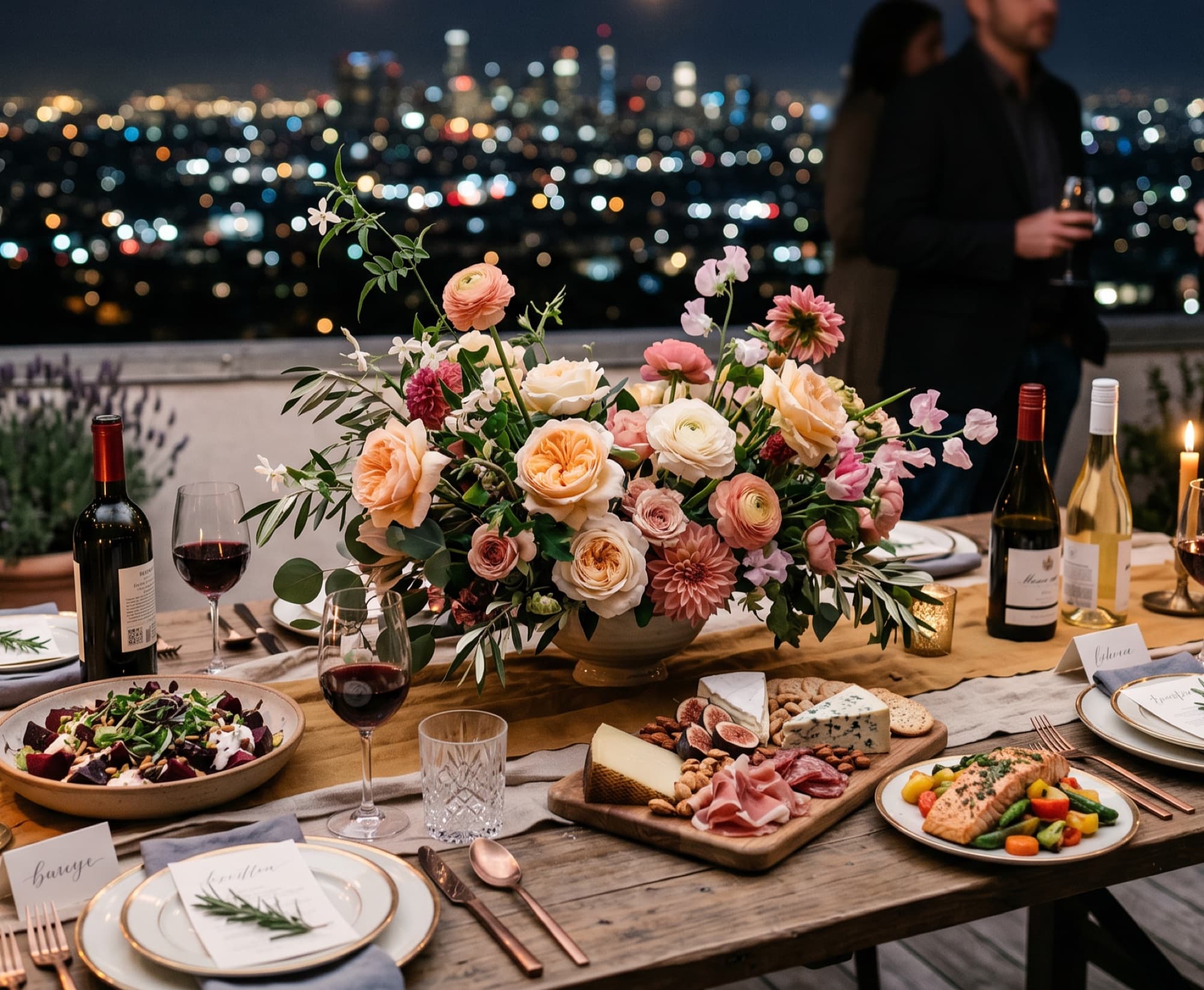 Elegant celebration table set against a South Florida skyline at dusk