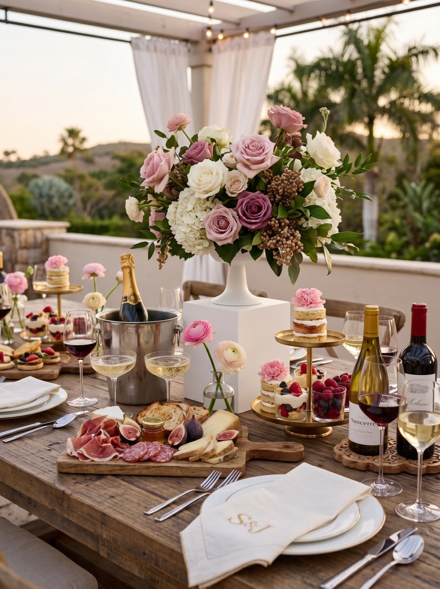 Outdoor tablescape with florals and dessert at a destination celebration